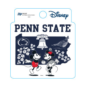 Disney sticker PA state shape with Penn State Athletic Logo, Liberty Bell, Ruffed Grouse, Mountain Laurel flowers, Mickey & Minnie Mouse